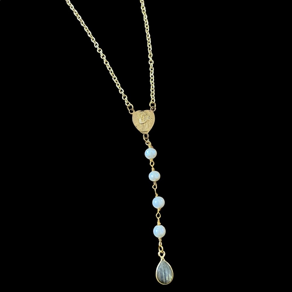 Jesus and Mary Pearl Drop Necklace Labradorite